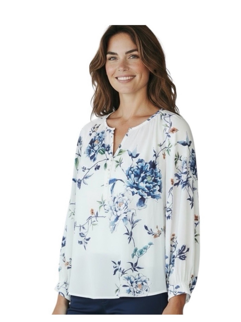 WHBM | Stunning Floral Blouse | White and Blue | Sz 10 | Excellent Condition - Picture 2 of 8